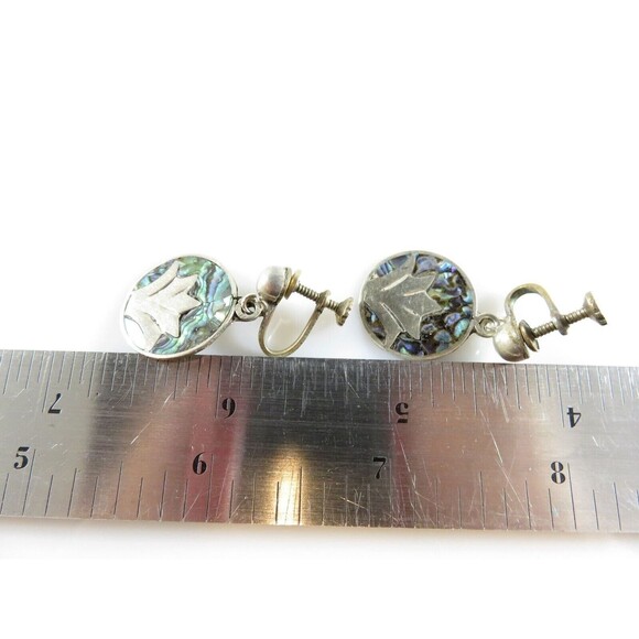 Figural Palm Leaf Disc Abalone & Sterling Taxco Mexico VKE Silver Screw Back Ear - Picture 9 of 9